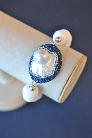 WHITE ONYX AND MOTHER OF PEARLS WITH ROYAL BLUE SWAROVSKI CRYSTALS STATEMENT BRACELET