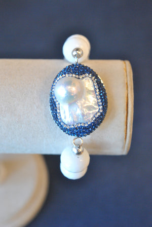 WHITE ONYX AND MOTHER OF PEARLS WITH ROYAL BLUE SWAROVSKI CRYSTALS STATEMENT BRACELET