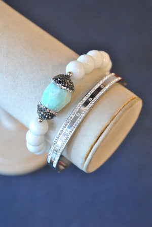 WHITE ONYX  MINT AMAZONITE AND CRYSTALS BANGLE BRACELETS SET