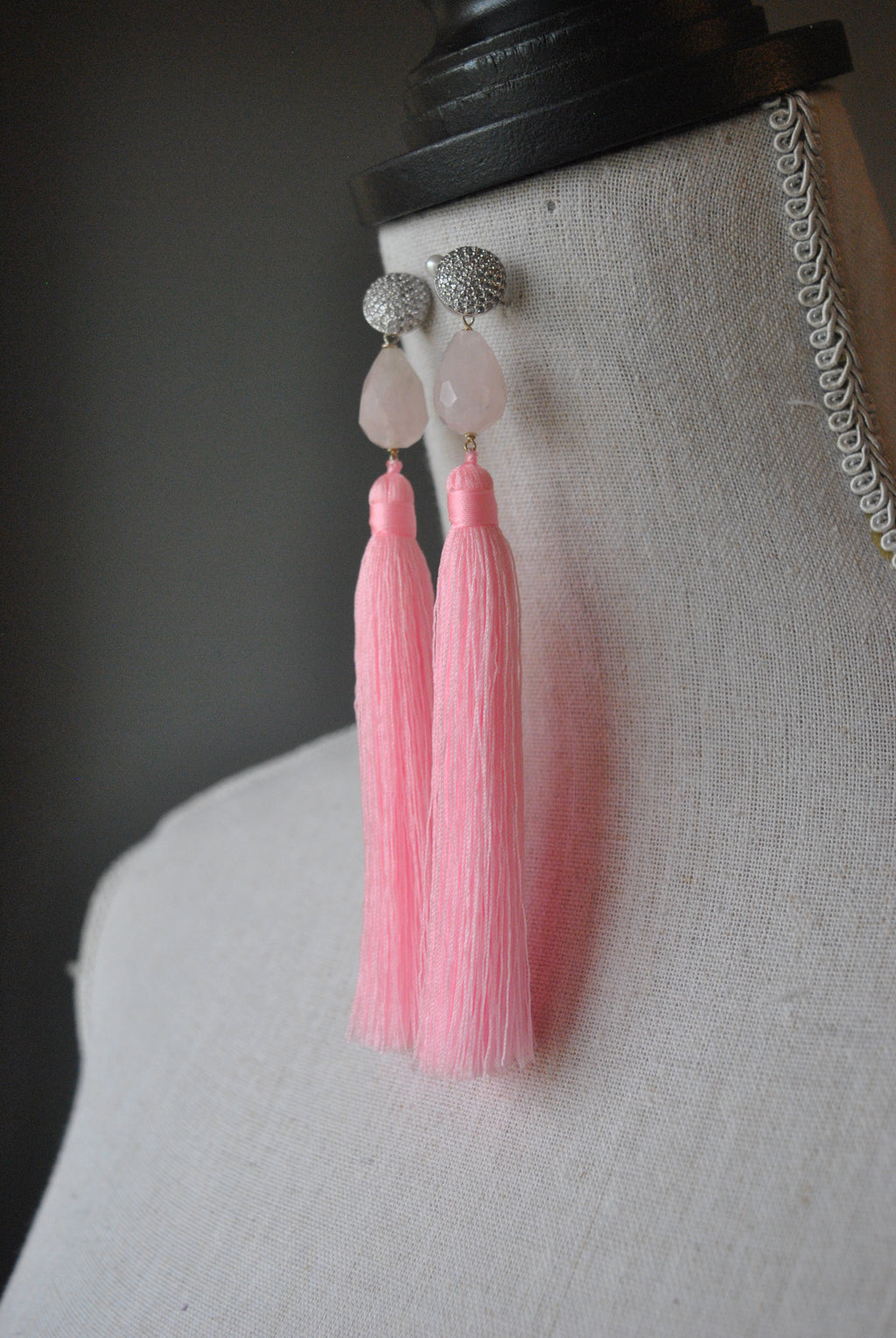 ROSE QUARTZ AND PINK TASSEL LONG EARRINGS