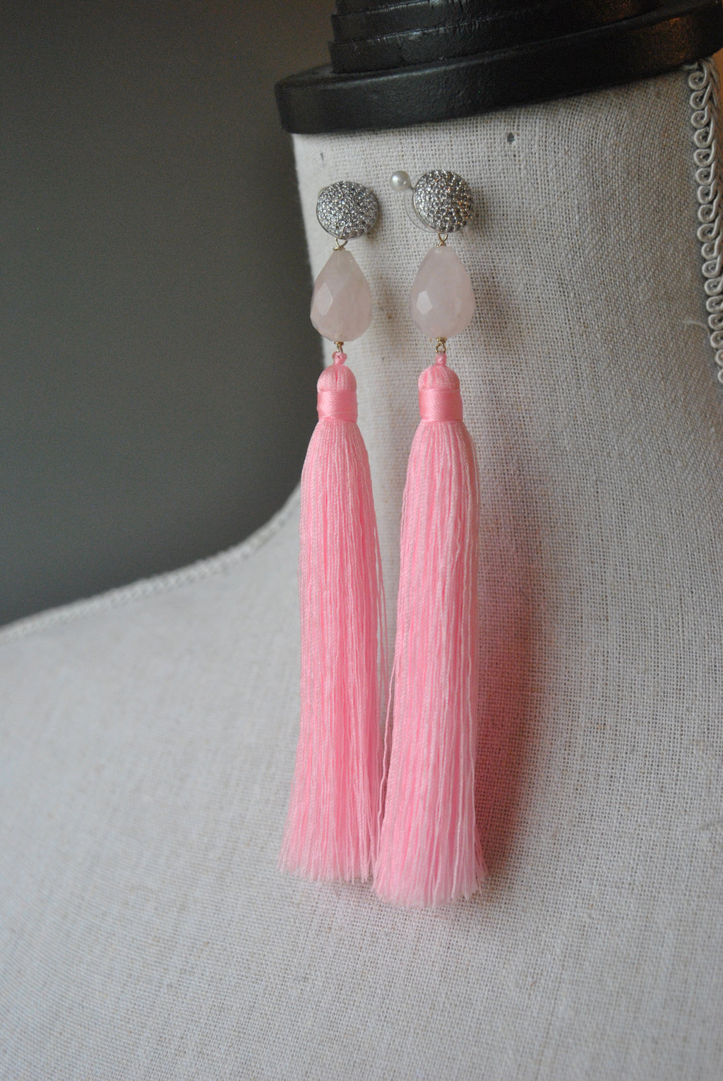 ROSE QUARTZ AND PINK TASSEL LONG EARRINGS