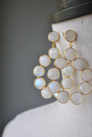 WHITE MOONSTONE AND 14KT GOLD ON SILVER STATAMENT EARRINGS