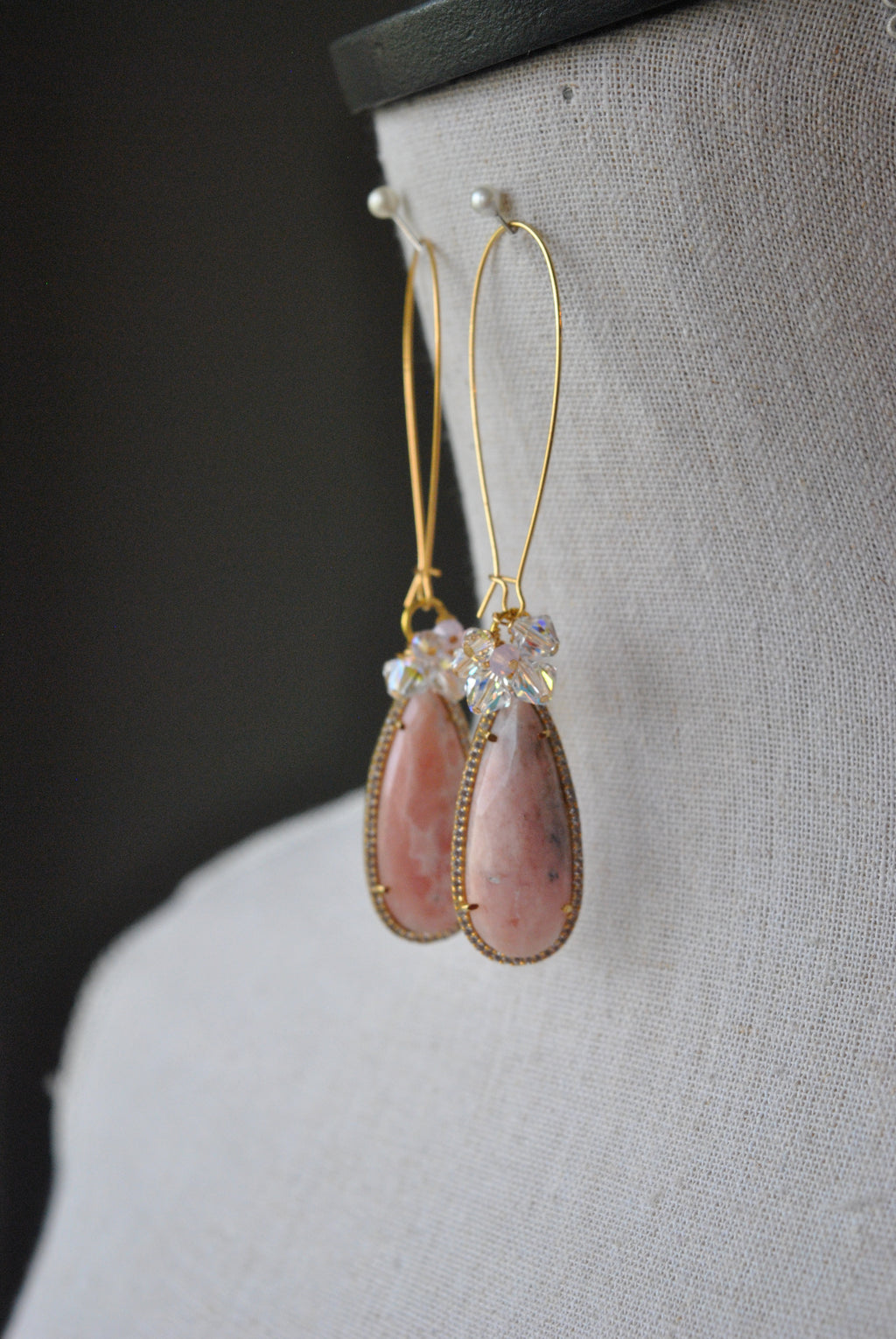 PINK PERUVIAN OPAL AND SWAROVSKI CRYSTALS LONG EARRINGS