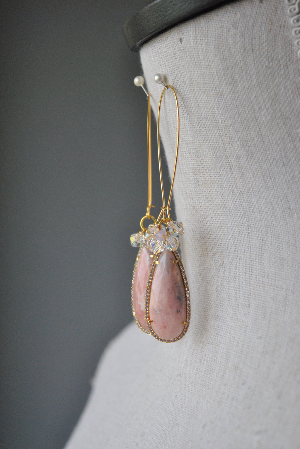 PINK PERUVIAN OPAL AND SWAROVSKI CRYSTALS LONG EARRINGS