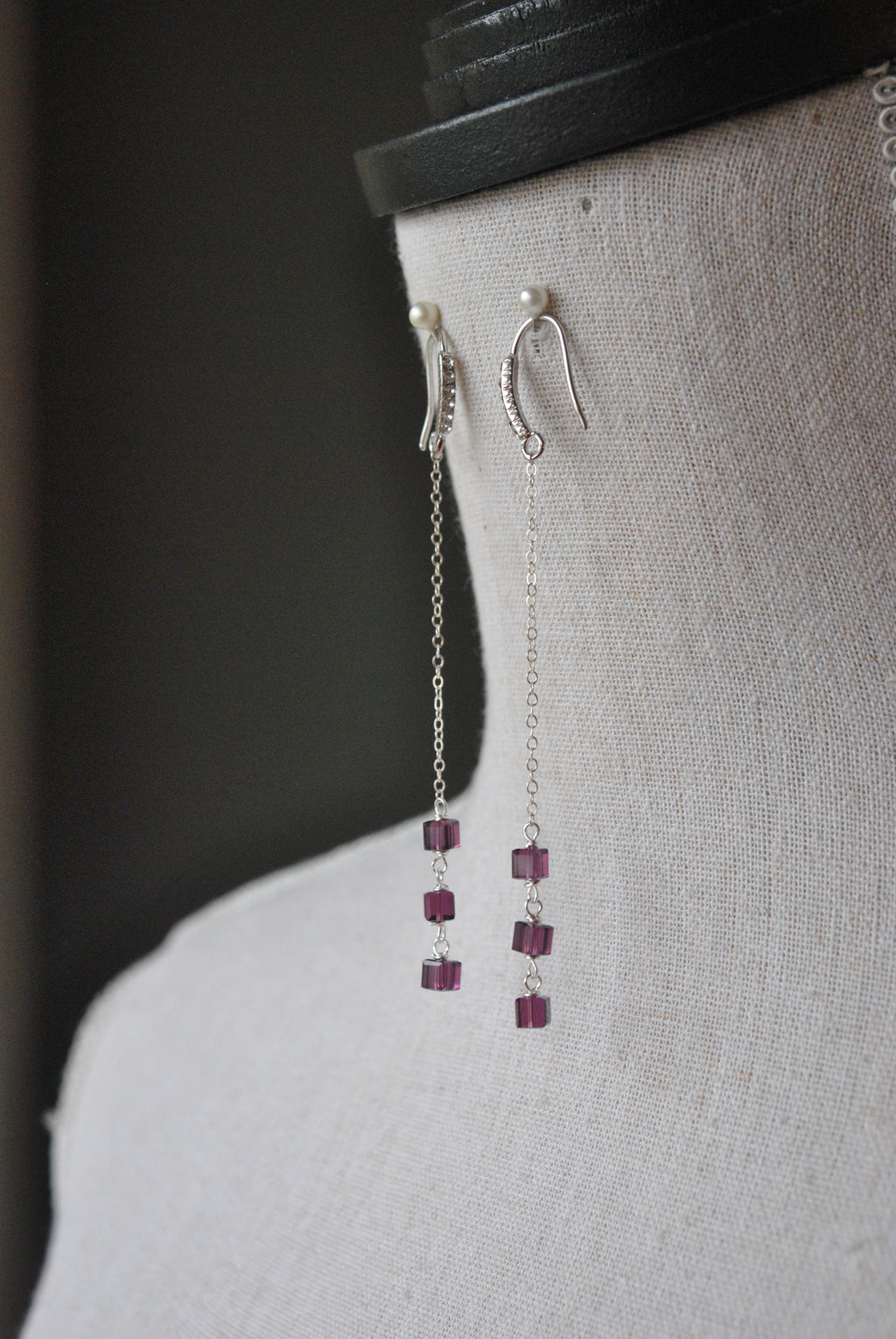 PURPLE SWAROVSKI CRYSTALS CHAIN DROP EARRINGS