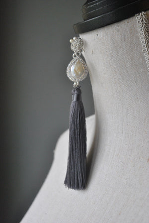 WHITE PEARL AND GREY TASSLE STATEMENT LONG EARRINGS