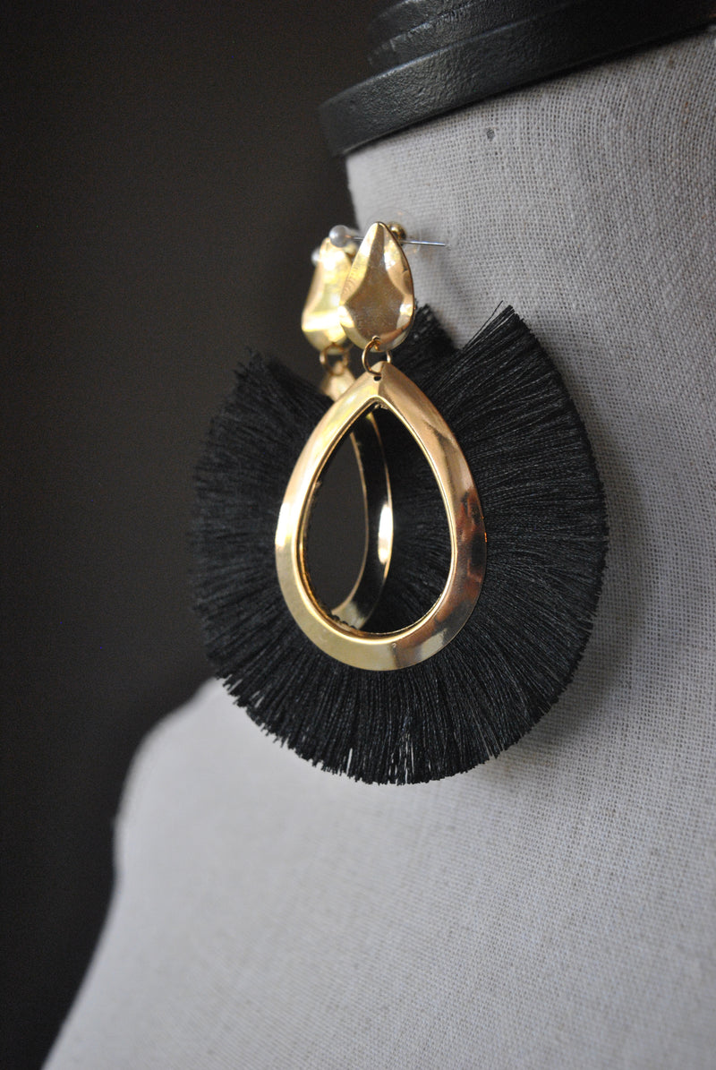 FASHION COLLECTION - BLACK TASSEL GOLD STATEMENT EARRINGS