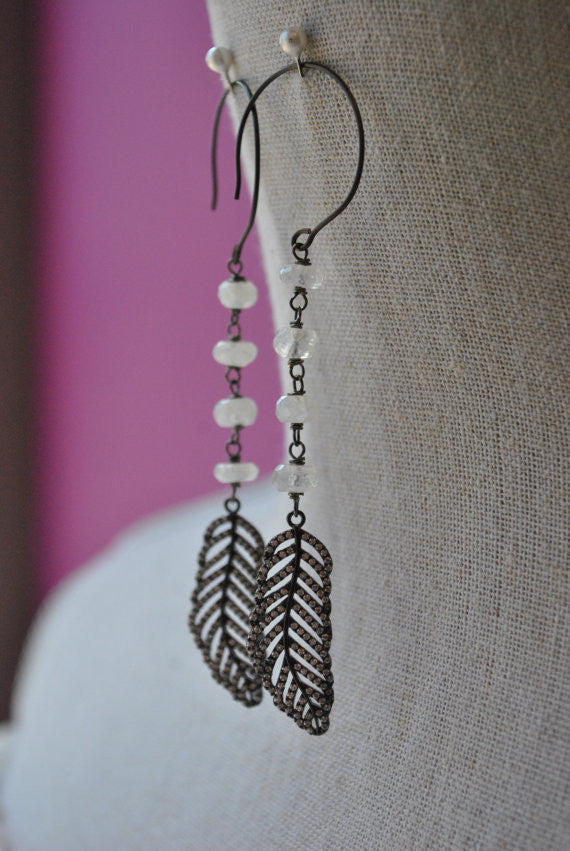 MOONSTONE AND RHINESTONES FEATHERS WITH GUNMETAL FINISHED LONG EARRINGS