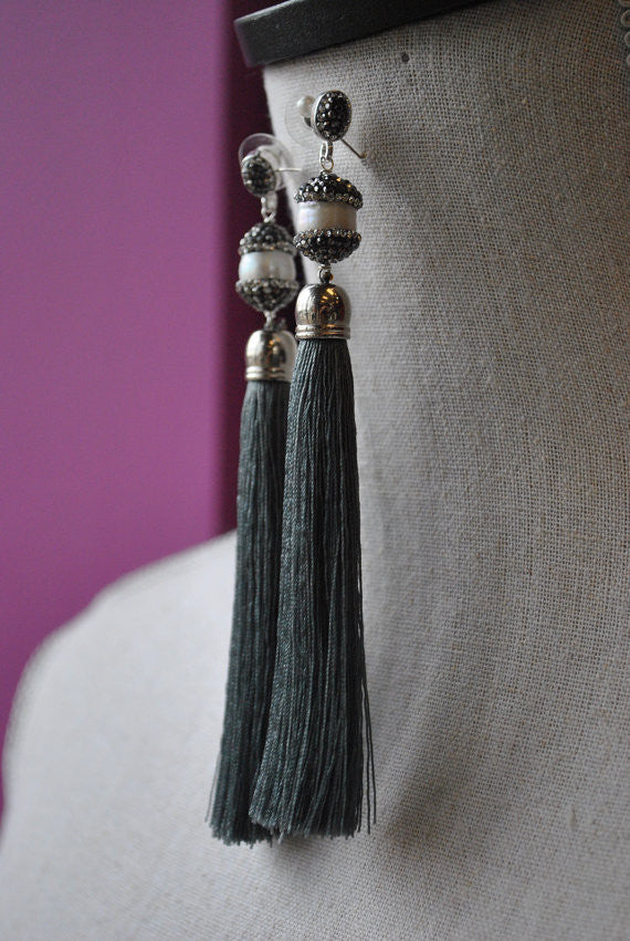 MOTHER OF PEARLS, SWAROVSKI CRYSTALS AND GREY TASSEL LONG STATEMENT EARRINGS